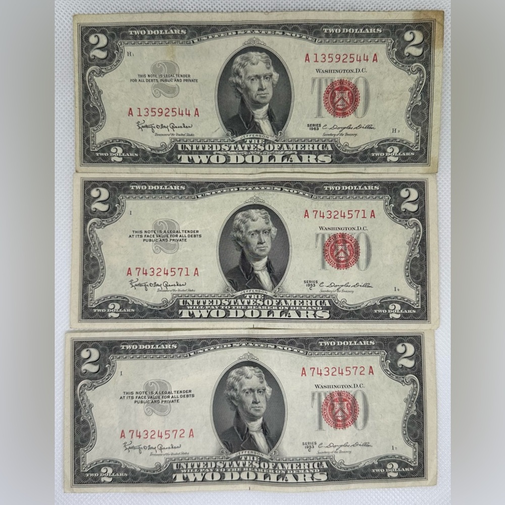 3 x Vintage Two Dollar Bills with Red Seal